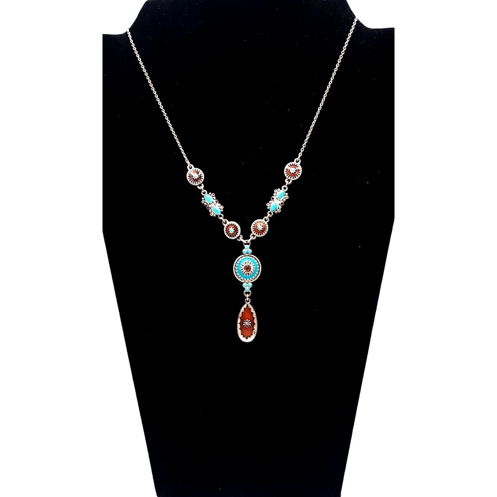 NRT Southwestern Y Drop Necklace Turquoise Boho Western Silver‎